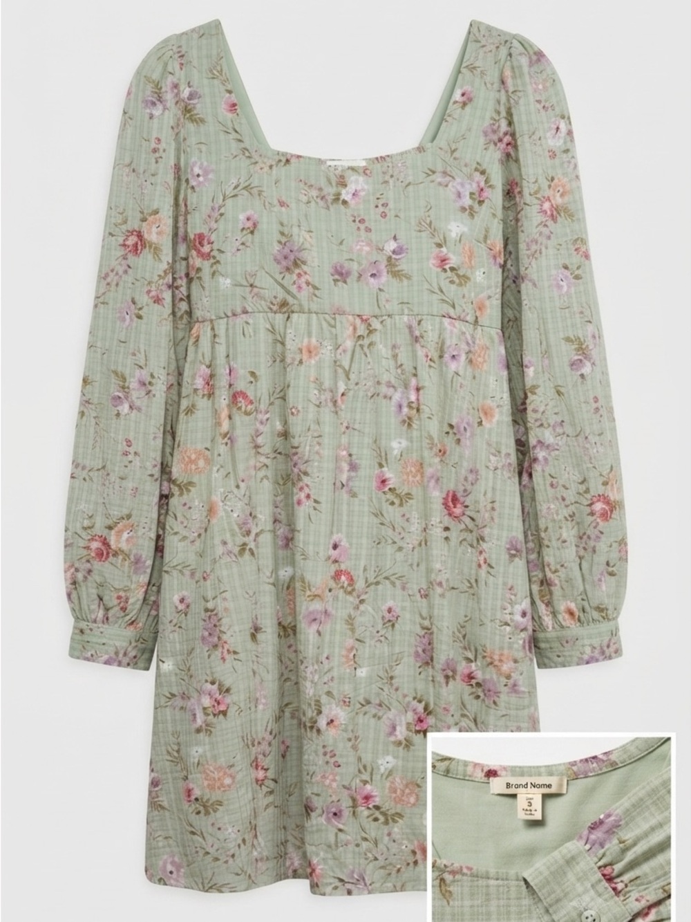 Blu Pepper Sage Green Floral Square Neck Mini Dress